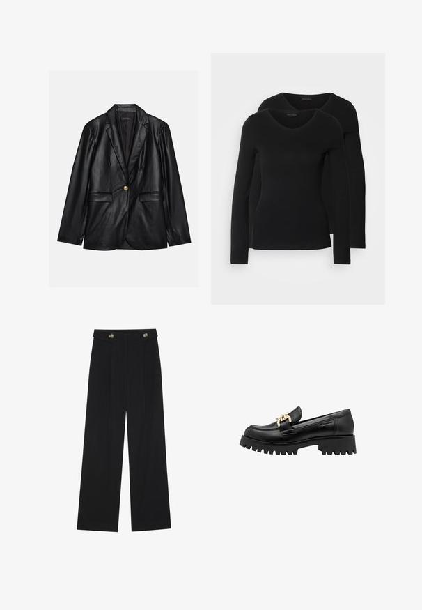 Svart läderblazer med kavajkrage, enkel guldkknapp, två framfickor och slät yta. Inre foder är mörkt.; Två svarta långärmade tröjor med V-ringning, tillverkade av mjukt, stretchy tyg, som visar en slät textur och en figursydd form.; Svarta vida byxor med hög midja, knäppdetaljer i midjan och framfickor.; Svart läderloafer med en kraftig gummisula som har en dekorativ guldkedja framtill. Slät yta med rundad tå.