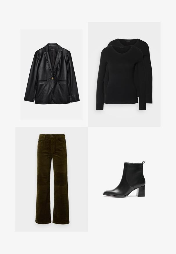 Black leather blazer with a notched lapel, single gold button closure, two front pockets, and smooth finish. Inner lining is dark.; Two black long-sleeve shirts with a V-neck design, made of soft, stretchy fabric, showing smooth texture and a fitted shape.; Corduroy flared pants in deep olive green. Features five pockets, a button closure, and vertical ribbed texture. Standard fit with a classic design.; Black leather ankle boot with a rounded toe, a mid-height block heel, and a pull tab at the back. Smooth texture, minimal design.