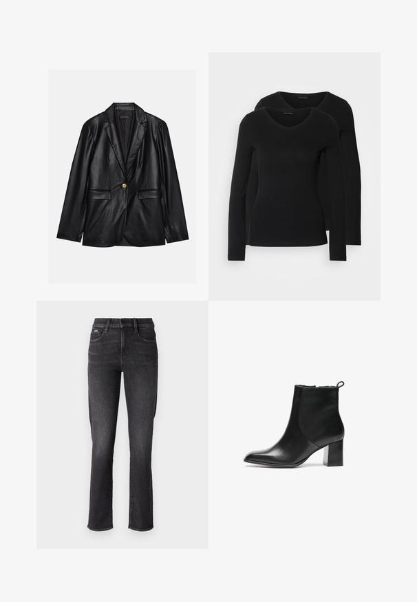 Melnas ādas žakete ar ieliektām atlokām, vienu zelta pogu aizdari, divām priekšējām kabatām un gludu apdari. Iekšējā odere ir tumša.; Divi melni krekli ar garām piedurknēm un V-veida kakla izgriezumu, izgatavoti no mīksta, elastīga auduma, ar gludu tekstūru un pieguļošu formas.; Melni džinsi ar taisnu kāju dizainu, aprīkoti ar standarta jostasvietu, pieciem kabatām un smalkām šuvju detaļām.; Melnas ādas potītes zābaks ar noapaļotu purngalu, vidēja augstuma bloku papēdi un aizdari aizmugurē. Gluda tekstūra, minimāls dizains.