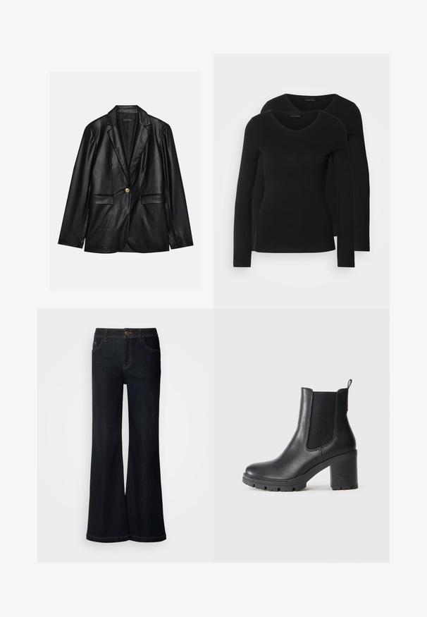 Must musta blazeri, millel on narmastega krae, üks kuldne nupulukk, kaks esist pockets ja sile viimistlus. Sisemine vooder on tume.; Kaks musta pika varrukaga särk, millel on V-kaelus ja mis on valmistatud pehmest ja venivast kangast, millel on sile tekstuur ja sobiv kuju.; Mos Mosh DELUXE - Avar lõikega teksad - dark blue; Must must nahkasaapad elastsete külgpaneelidega, paksu kummitald ja kõrge plokkkonts. Tagaküljel on tõmbeheebel.