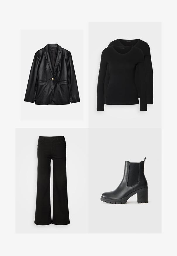 Must musta blazeri, millel on narmastega krae, üks kuldne nupulukk, kaks esist pockets ja sile viimistlus. Sisemine vooder on tume.; Kaks musta pika varrukaga särk, millel on V-kaelus ja mis on valmistatud pehmest ja venivast kangast, millel on sile tekstuur ja sobiv kuju.; Mustad mustad jalatsid, mis on valmistatud denimkangast, esitades esipocketeid, nööbikinnitust ja sujuvat tekstuuri puhta viimistlusega.; Must must nahkasaapad elastsete külgpaneelidega, paksu kummitald ja kõrge plokkkonts. Tagaküljel on tõmbeheebel.