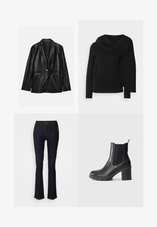 Sacou din piele neagră cu rever ascuțit, închidere cu un singur nasture auriu, două buzunare frontale și finisaj neted. Captuseala interioară este de culoare închisă.; Două cămăși negre cu mâneci lungi și decolteu în V, fabricate dintr-un material moale și elastic, cu o textură netedă și o formă ajustată.; Mos Mosh DELUXE - Blugi drepți - dark blue; Bocanci negri din piele pentru gleznă, cu panouri laterale elastice, talpă din cauciuc masiv și toc înalt. Are un tab de prindere în spate.