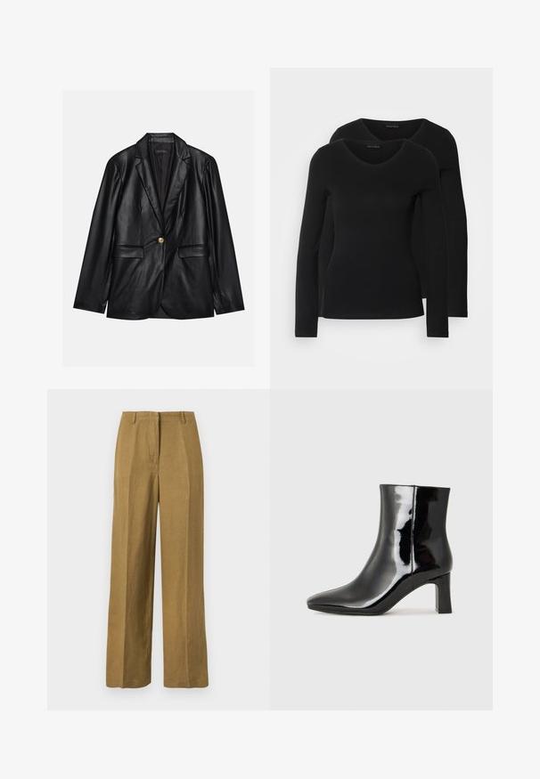Must musta blazeri, millel on narmastega krae, üks kuldne nupulukk, kaks esist pockets ja sile viimistlus. Sisemine vooder on tume.; Kaks musta pika varrukaga särk, millel on V-kaelus ja mis on valmistatud pehmest ja venivast kangast, millel on sile tekstuur ja sobiv kuju.; Khaki laiavad püksid, mis on valmistatud kergest kangast, omavad siledat tekstuuri, esimesi voldikesi ja klassikalist vöökoha disaini.; Must-sinine nahkjalats musta läikiva viimistlusega, millel on terav nina ja keskmise kõrgusega plokk konts. Sile tekstuur ja minimalistik disain.