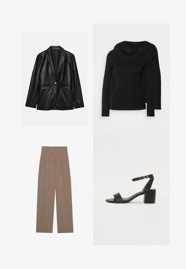 Svart läderblazer med kavajkrage, enkel guldkknapp, två framfickor och slät yta. Inre foder är mörkt.; Två svarta långärmade tröjor med V-ringning, tillverkade av mjukt, stretchy tyg, som visar en slät textur och en figursydd form.; Bruna plisserade byxor med vid bendesign, med en platt midja och sidfickor, tillverkade av ett lätt tyg.; Svart klacksandals med en slät läderöverdel, öppen tå, breda framremmar och justerbart ankelband med en guldfärgad spänne.