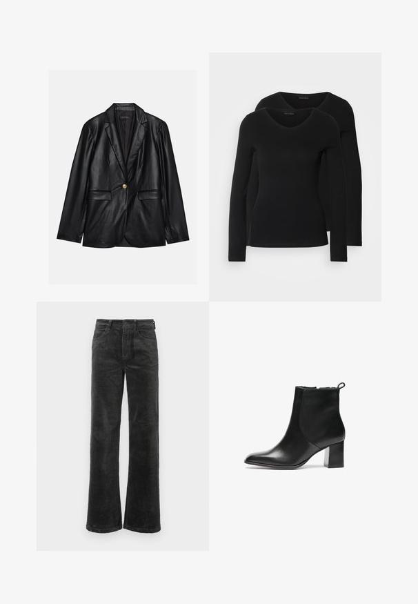 Black leather blazer with a notched lapel, single gold button closure, two front pockets, and smooth finish. Inner lining is dark.; Two black long-sleeve shirts with a V-neck design, made of soft, stretchy fabric, showing smooth texture and a fitted shape.; Black corduroy pants with wide legs, featuring front pockets and a button closure, soft texture with ribbed pattern throughout.; Black leather ankle boot with a rounded toe, a mid-height block heel, and a pull tab at the back. Smooth texture, minimal design.