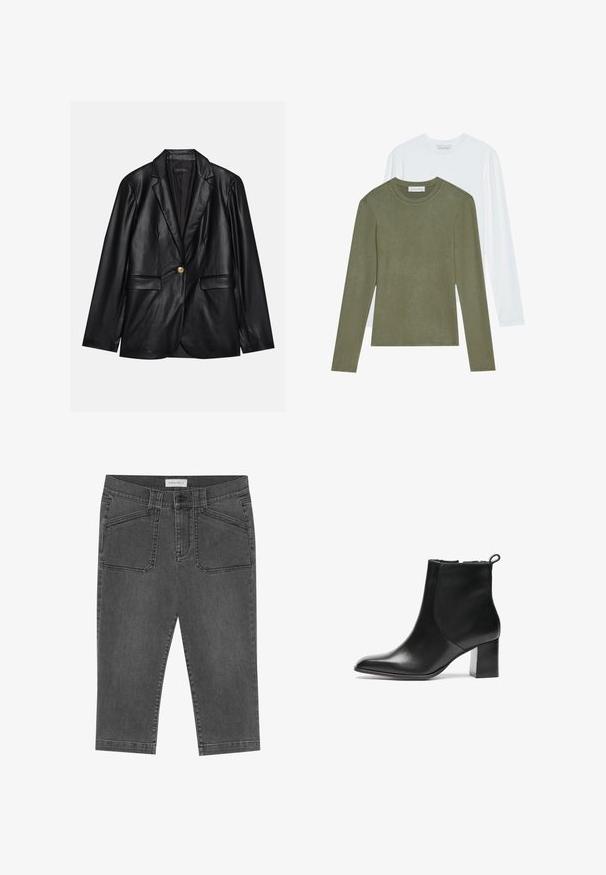 Μαύρη δερμάτινη σακάκι με καμπυλωτό πέτο, μονή χρυσή κουμπότρυπα, δύο μπροστινές τσέπες και λείο φινίρισμα. Η εσωτερική επένδυση είναι σκούρα.; Δύο πουκάμισα με μακριά μανίκια: το ένα ελαιόλαδο και το άλλο λευκό. Και τα δύο διαθέτουν στρογγυλές λαιμόκοψεις και απαλή, λεία υφή.; Γκρι τζιν καπρι παντελόνι με εφαρμοστή γραμμή, διαθέτοντας εμπρόσθιες τσέπες, κλείσιμο με κουμπί και ελαφρώς φθαρμένη υφή.; Μαύρη δερμάτινη μπότα μέχρι τον αστράγαλο με στρογγυλή μύτη, μεσαίου ύψους χοντρό τακούνι και ζωνάκι πίσω. Λείο υφή, μίνιμαλ σχεδίαση.