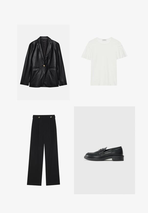 Must musta blazeri, millel on narmastega krae, üks kuldne nupulukk, kaks esist pockets ja sile viimistlus. Sisemine vooder on tume.; Valge T-särk lühike, rippuvate varrukatega. Valmistatud pehmest ja siledast kangast. Omab ümarat kaelust ja peeneid õmblusdetailide.; Mustad laiad püksid kõrge vöökoha ja nööpdetailidega vööandil, esikortsudega.; Mustad nahast loafers ümarate varvastega, tikkimiste detailidega ja väikese kandiga. Sile pind ja paindlik kummist tald.