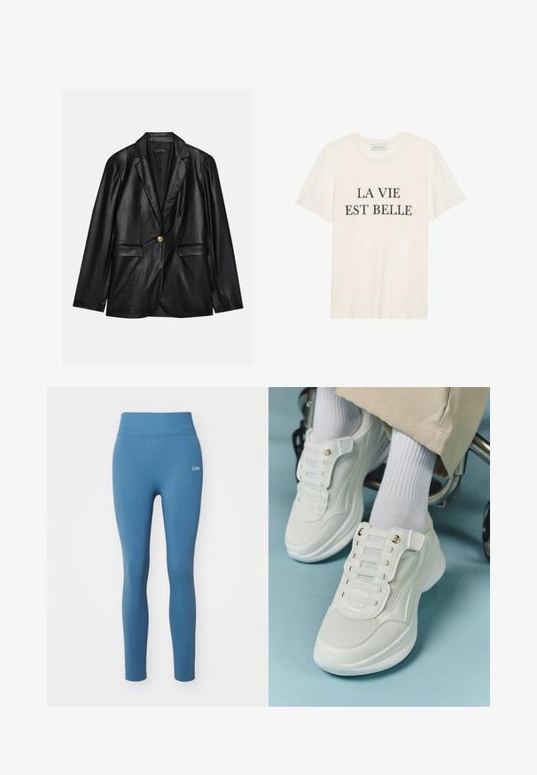 Černý kožený blazer s klopami, jedním zlatým zapínáním, dvěma předními kapsami a hladkým povrchem. Vnitřní podšívka je tmavá.; Krémové bavlněné tričko s krátkým rukávem a kulatým výstřihem. Na přední straně se nachází černý text "LA VIE EST BELLE" umístěný uprostřed.; Modré legíny s hladkou texturou, vysokým pasem a jemným logem na kyčli. Úzký střih, celková délka, vhodné pro aktivní nošení.; Bílé tenisky s materiálem z mešové tkaniny, gumovou podrážkou, bezšňůrovým designem s elastickými pásky a zlatými akcenty.