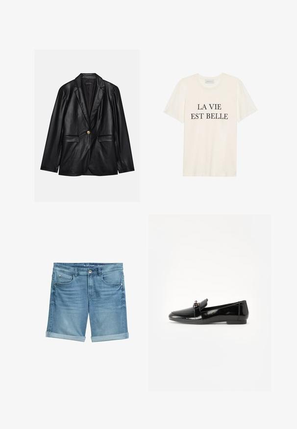 Fekete bőr blézer, kihajtott gallérral, egyetlen arany gombbal záródik, két elülső zsebbel rendelkezik, és sima felülettel bír. Belső bélése sötét színű.; Krém színű, rövid ujjú pamut póló, kerek nyakkal. Az elején középen fekete felirat olvasható: "LA VIE EST BELLE".; Világoskék, elhasználódott hatású farmer rövidnadrág, felgöngyölt szárakkal, öt zsebes kialakítással és fém gombos derékkal.; Fekete lakkbőr loaferek lapos talppal, lekerekített orral és díszítő pánttal, amely aranyszínű kiegészítővel rendelkezik. Simára polírozott, fényes felület.