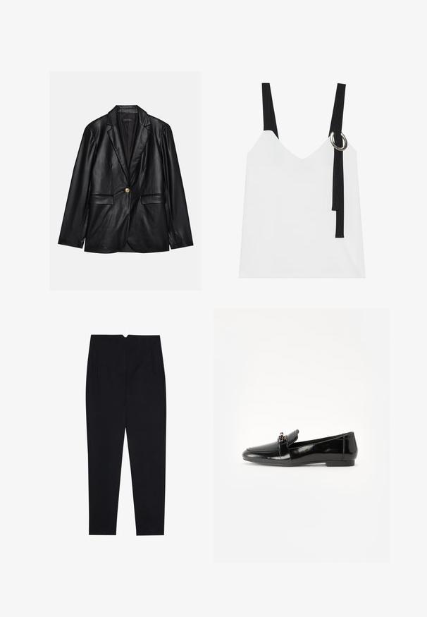 Svart skinnblazer med klaffkrage, en enkelt gullknapp-lukking, to frontlommer og glatt finish. Innertrekket er mørkt.; Hvit ermeløs topp med V-hals, med svarte stropper og en sølvringdetalj. Glatt stoff og et moderne, minimalistisk design.; Sorte bukser laget av et strukturert stoff, med flat front, sidelommer og rett ben med middels høyde på livet.; Svart lakkert lærloafer med flat såle, rund tå og en dekorativ rem med gulltonet akzent. Glatt, blank overflate.