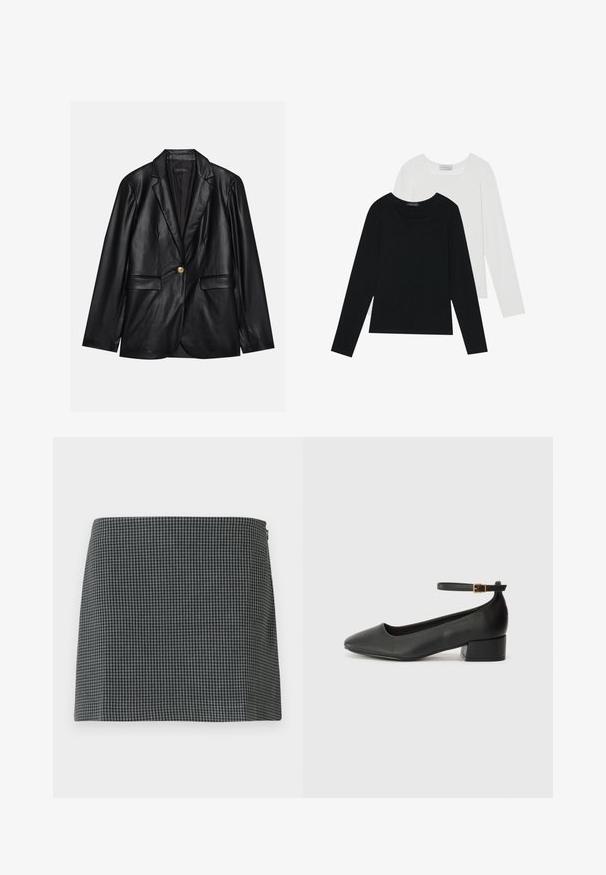 Črni usnjeni blejzer z izrezanim ovratnikom, enojnim zlatim gumbom, dvema sprednjima žepoma in gladko površino. Notranja podloga je temna.; Dva dolga rokava, en črn in en bel, oba z kvadratnim izrezom in narejena iz mehkega, raztegljivega materiala.; Črna in bela karirana krila iz tkanine z gladko teksturo. Ima ravno silhueto in stranski zadrgo.; Črne usnjene pumpice z nazobčanimi prsti in nizko blokasto peto. Imajo trak okoli gležnja z zaponko v zlatem tonu. Gladka tekstura.