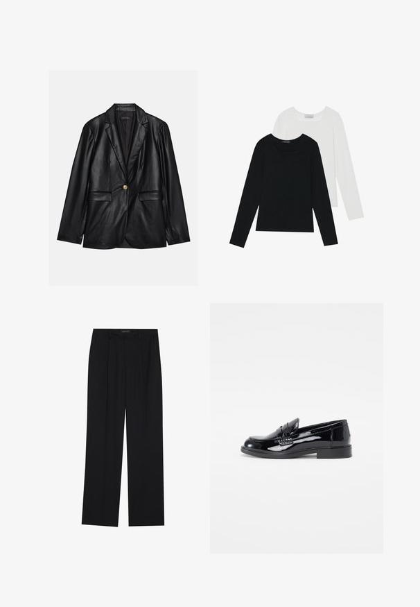 Black leather blazer with a notched lapel, single gold button closure, two front pockets, and smooth finish. Inner lining is dark.; Two long-sleeve tops, one black and one white, both featuring a square neckline and made from soft, stretchy fabric.; Black trousers with a straight-leg design, featuring two front pockets and a waistband. Made from a smooth, lightweight fabric.; Black patent leather loafer with a rounded toe, raised seam detail, and flat rubber sole. Smooth texture with polished finish.
