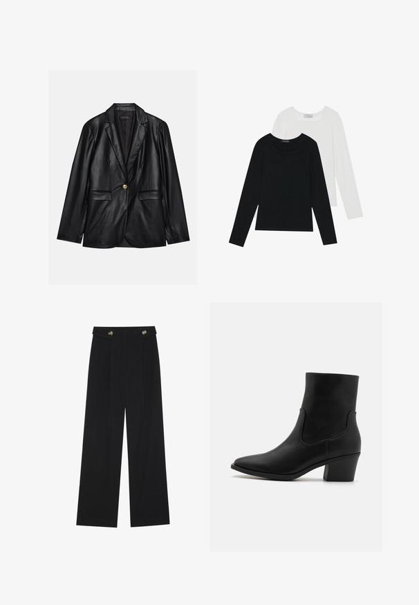 Must musta blazeri, millel on narmastega krae, üks kuldne nupulukk, kaks esist pockets ja sile viimistlus. Sisemine vooder on tume.; Kaks pikka varrukatoppi, üks must ja teine valge, mõlemad ruudukujulise kaelusega ja valmistatud pehmest, venivast kangast.; Mustad laiad püksid kõrge vöökoha ja nööpdetailidega vööandil, esikortsudega.; Must musta sääreta, millel on terav varvas, külgedel elastsed paneelid ja virnastatud kontsad, omades sileda tekstuuri ja minimalistlikku disaini.
