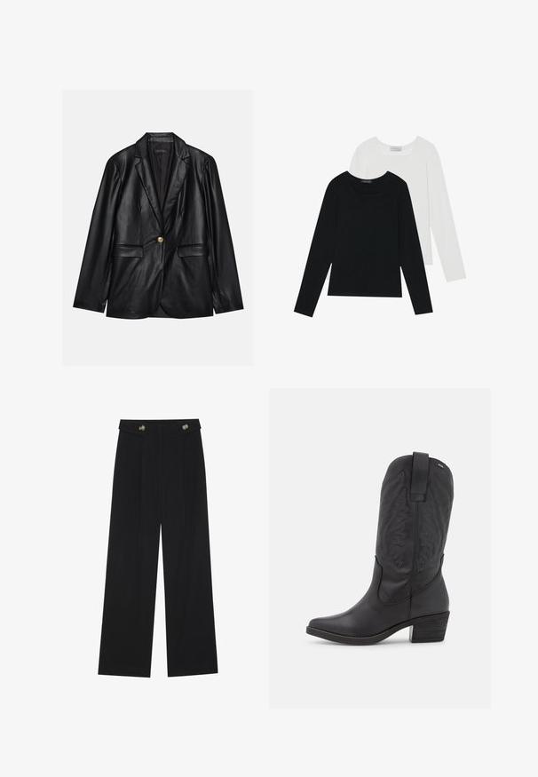 Blazer de cuero negro con solapa muestrada, cierre con un solo botón dorado, dos bolsillos frontales y un acabado suave. El forro interior es oscuro.; Dos camisetas de manga larga, una negra y otra blanca, ambas con escote cuadrado y confeccionadas en un tejido suave y elástico.; Pantalones de pierna ancha negros con cintura alta, detalles de botones en la cinturilla y pliegues en la parte delantera.; mtng TEO - Botas camperas - black