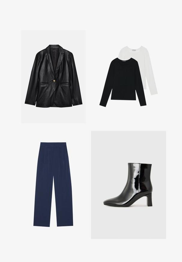 Juodas odinis švarkas su notch lapel, vienu auksiniu mygtuku užsegimu, dviem priekinėmis kišenėmis ir lygiu paviršiumi. Vidinėje pamušalo dalyje yra tamsi spalva.; Du suknelės su ilgomis rankovėmis, viena juoda ir viena balta, abi su kvadratiniu iškirpimu ir pagamintos iš minkštos, elastingos medžiagos.; Tamsiai mėlynos plačios kelnės, pagamintos iš minkštos medžiagos, su priekiniu raukiniu, lygiu paviršiumi ir tiesiu siluetu be matomų kišenių.; Juodos lakuotos odinės aulinukės su smailiu pirštu ir vidutinio aukščio blokuotu kulnu. Lygus paviršius ir minimalistinis dizainas.