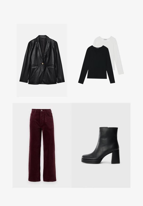Sort læderblazer med klapkrave, enkelt guldknaplukning, to forlommer og glat finish. Inderlinningen er mørk.; To lange skjorter med lange ærmer, en sort og en hvid, begge med firkantet halsudskæring og lavet af blødt, strækbart stof.; Burgunderrøde kordfløjel straight-leg bukser med høj talje, fem lommer og metalknaplukning foran. Struktureret stof med lodrette ribber.; Sort læder ankelstøvle med blokhæl og platformssål, set fra siden på en ensfarvet hvid baggrund.