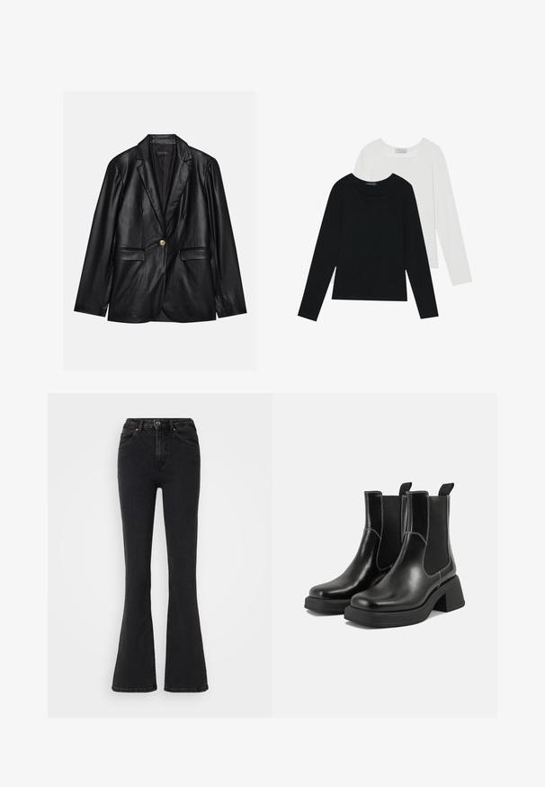 Mustapitsin takki, jossa on viiksikäänteet, yksittäinen kultaknoppi, kaksi etutaskua ja sileä pinta. Sisävuori on tumman värinen.; Kaksi pitkähihainen paitaa, yksi musta ja yksi valkoinen, molemmat neliönmallisella kaula-aukolla ja pehmeästä, joustavasta kankaasta valmistettu.; Mustat levenevät farkut korkealla vyötäröllä, valmistettu denimistä. Sisältää viisi taskua, etuviimeistelyvetoketjun ja kontrastiväriset ompeleet. Sileä rakenne.; Mustat nahkaiset Chelsea-kengät paksulla korolla, joustavilla sivupaneeleilla ja kontrastilla valkoisella ompelulla. Teksturoitu pinta.