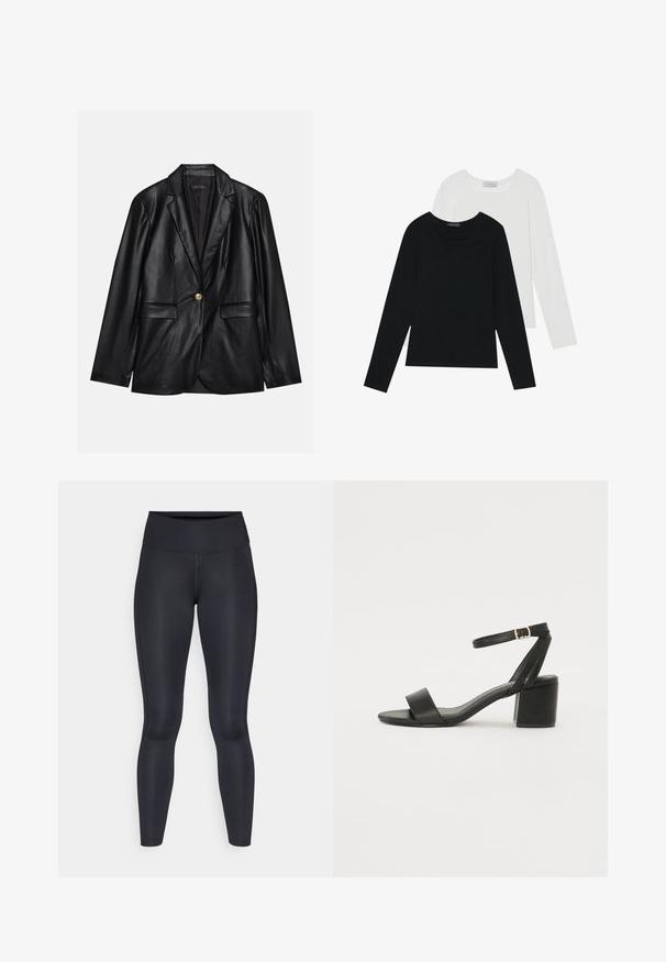 Sacou din piele neagră cu rever ascuțit, închidere cu un singur nasture auriu, două buzunare frontale și finisaj neted. Captuseala interioară este de culoare închisă.; Două bluze cu mânecă lungă, una neagră și una albă, ambele având un guler pătrat și fiind confecționate dintr-un material moale și elastic.; Leggings negre dintr-un material neted și elastic. Talie înaltă fără modele sau accente vizibile. Se potrivesc strâns de la talie până la glezne.; Sandale cu toc înalt negre, cu un superior din piele netedă, vârf deschis, curele frontale late și curea pentru gleznă ajustabilă cu detaliu din aur.