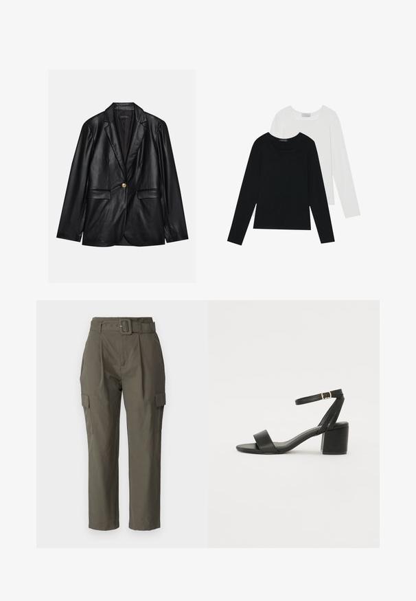 Svart läderblazer med kavajkrage, enkel guldkknapp, två framfickor och slät yta. Inre foder är mörkt.; Två långärmade toppar, en svart och en vit, båda med fyrkantig halsringning och tillverkade av mjukt, stretchigt tyg.; Cargo byxor i olivgrön, tillverkade av lättviktsmaterial. Funktioner inkluderar midja med bälte, framveck och sidofickor med klaffstängning.; Svart klacksandals med en slät läderöverdel, öppen tå, breda framremmar och justerbart ankelband med en guldfärgad spänne.