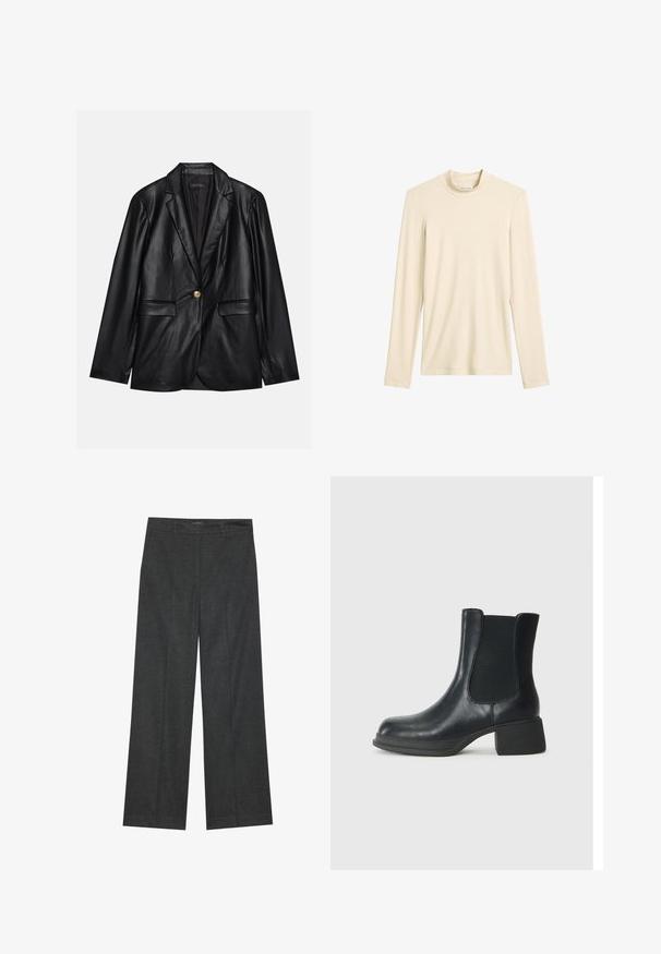 Blazer de cuero negro con solapa muestrada, cierre con un solo botón dorado, dos bolsillos frontales y un acabado suave. El forro interior es oscuro.; Camiseta de punto de manga larga color crema con cuello alto, diseño simple y etiqueta de marca visible en el interior del escote.; Pantalones de pierna ancha en un gris oscuro, hechos de un tejido texturizado, con un frente plano, cinturillas y un acabado limpio en el dobladillo.; Botín de cuero negro con paneles laterales elásticos, punta redondeada y un tacón bajo tipo bloque. La superficie tiene una textura suave y un diseño minimalista.