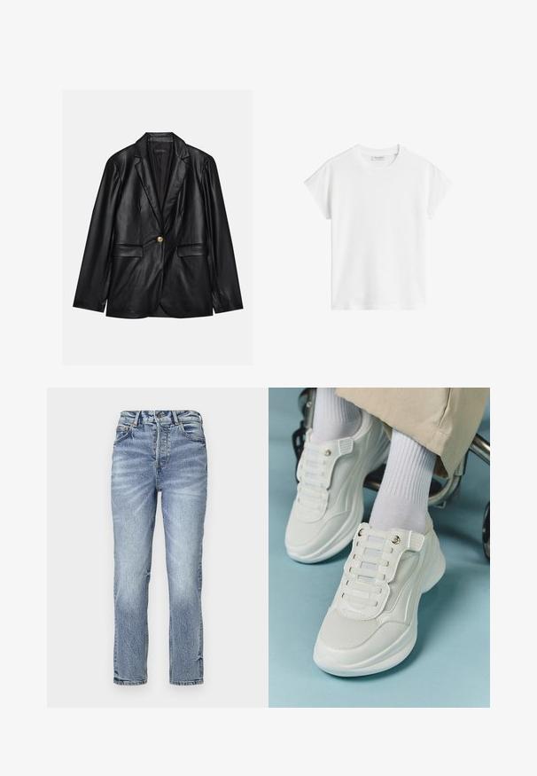 Blazer em couro preto com lapela recortada, fecho de um único botão dourado, dois bolsos frontais e acabamento suave. O forro interior é escuro.; T-shirt branco de manga curta feito de algodão. Apresenta um corte descontraído com decote redondo e costuras de ombro ligeiramente caídas. Sem padrões ou detalhes.; Jeans de ganga azul claro com corte reto, cintura alta, textura desbotada e cinco bolsos. Apresenta fecho de botão metálico e zip.; Tênis brancos com material em rede, sola de borracha, design sem atacadores com faixas elásticas e detalhes em tom dourado.