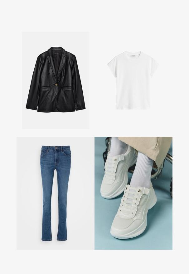 Black leather blazer with a notched lapel, single gold button closure, two front pockets, and smooth finish. Inner lining is dark.; White short-sleeve t-shirt made of cotton. Features a relaxed fit with a crew neckline and slightly dropped shoulder seams. No patterns or accents.; Blue denim flared jeans with five pockets, belt loops, and a front button closure. Features a smooth texture and slight fading.; White sneakers featuring a mesh material, rubber sole, lace-free design with elastic bands, and gold-toned accents.