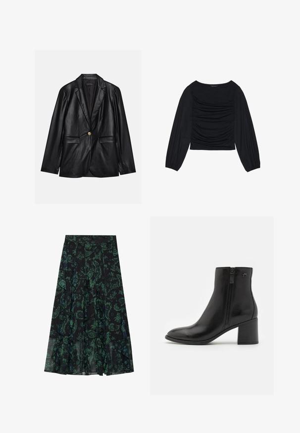 Fekete bőr blézer, kihajtott gallérral, egyetlen arany gombbal záródik, két elülső zsebbel rendelkezik, és sima felülettel bír. Belső bélése sötét színű.; Fekete, hosszú ujjú felső, amely elől és a csuklónál ráncolt anyagrészletekkel rendelkezik, puha, rugalmas anyagból készült és csónaknyakú.; Fekete szoknya zöld virágmintával, fodros szélekkel és redőkkel. Könnyű anyagból készült, amely áramló sziluettet biztosít.; Fekete bokacipők sima bőrből, oldalirányú cipzárral. A csúcsos orr és a struktúrált tömbsarok a stabilitás érdekében.