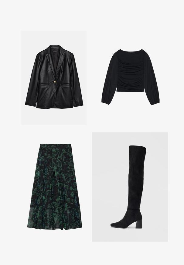 Black leather blazer with a notched lapel, single gold button closure, two front pockets, and smooth finish. Inner lining is dark.; Black long-sleeve top featuring gathered fabric detail at the front and wrists, made of soft, stretchy material with a boat neckline.; Black skirt with green floral pattern, featuring ruffled edges and pleats. Made from lightweight fabric, offering a flowing silhouette.; Black suede knee-high boot with block heel, pointed toe, and smooth, seamless design on a plain light background.