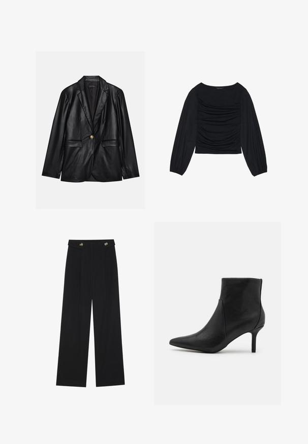 Black leather blazer with a notched lapel, single gold button closure, two front pockets, and smooth finish. Inner lining is dark.; Black long-sleeve top featuring gathered fabric detail at the front and wrists, made of soft, stretchy material with a boat neckline.; Black wide-leg trousers with high waist, button details on waistband, and front pleats.; Anna Field Ankle boots - black