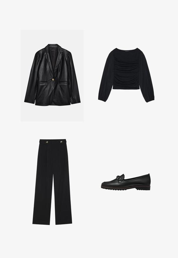 Fekete bőr blézer, kihajtott gallérral, egyetlen arany gombbal záródik, két elülső zsebbel rendelkezik, és sima felülettel bír. Belső bélése sötét színű.; Fekete, hosszú ujjú felső, amely elől és a csuklónál ráncolt anyagrészletekkel rendelkezik, puha, rugalmas anyagból készült és csónaknyakú.; Fekete, bő szárú nadrág magas derékkal, gombos részletekkel a derékrészen és elülső pliszékkal.; Fekete bőr loaferek, fonott díszítéssel az elején, lapos gumitalppal és steppeléses részletekkel a széleken.