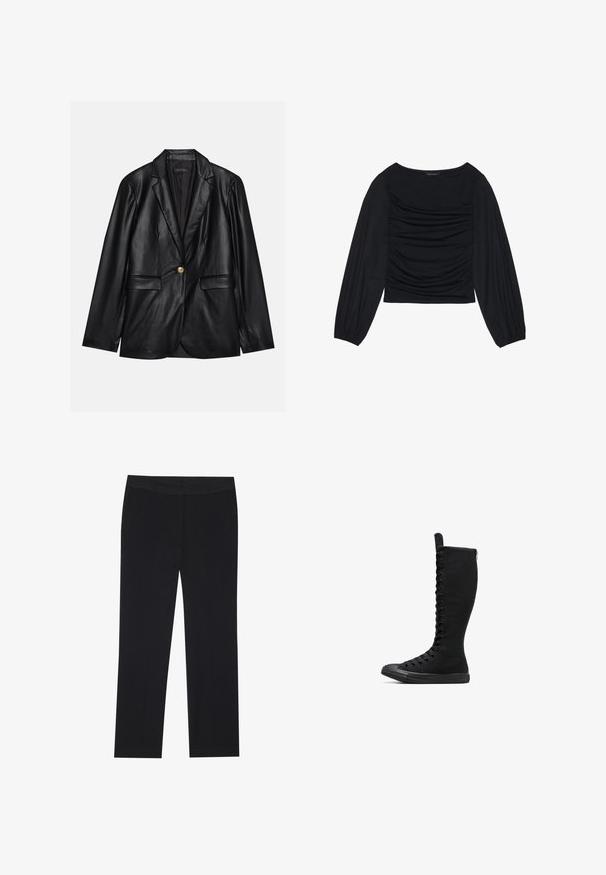 Blazer de cuero negro con solapa muestrada, cierre con un solo botón dorado, dos bolsillos frontales y un acabado suave. El forro interior es oscuro.; Top negro de manga larga con detalle de tela fruncida en la parte delantera y en las muñecas, confeccionado en un material suave y elástico con escote barco.; Pantalones negros con un diseño de pierna recta, que cuentan con bolsillos laterales y una textura de tela suave. Detalles mínimos y cinturilla limpia.; Botas altas de lienzo negras con puntera redondeada, cierre de cremallera y cordones en la parte delantera. Presentan una superficie texturizada y suela de goma.