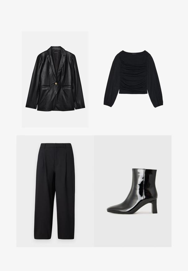 Black leather blazer with a notched lapel, single gold button closure, two front pockets, and smooth finish. Inner lining is dark.; Black long-sleeve top featuring gathered fabric detail at the front and wrists, made of soft, stretchy material with a boat neckline.; Black trousers featuring a relaxed fit, pleated front, flat waistband, and smooth texture. Cut to a cropped length, suitable for formal or casual wear.; Black patent leather ankle boot with a pointed toe and a mid-height block heel. Smooth texture and minimalist design.