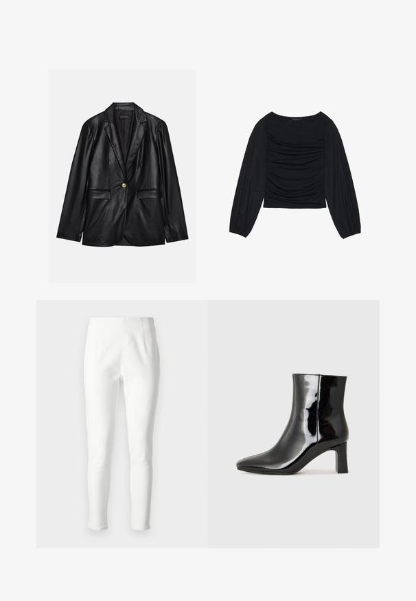 Blazer de cuero negro con solapa muestrada, cierre con un solo botón dorado, dos bolsillos frontales y un acabado suave. El forro interior es oscuro.; Top negro de manga larga con detalle de tela fruncida en la parte delantera y en las muñecas, confeccionado en un material suave y elástico con escote barco.; Pantalones blancos de corte slim, fabricados en tejido texturizado, con una cintura alta y costuras mínimas para una silueta limpia. Ideales para el uso casual.; Botín de charol negro con punta afilada y un tacón de bloque de altura media. Textura suave y diseño minimalista.