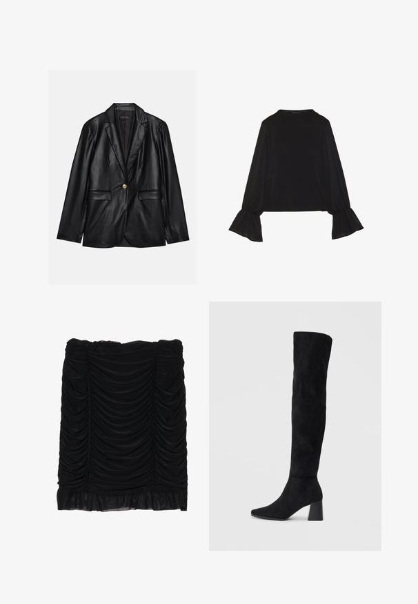 Blazer em couro preto com lapela recortada, fecho de um único botão dourado, dois bolsos frontais e acabamento suave. O forro interior é escuro.; Top preto de mangas longas com punhos largos, textura suave e um corte descontraído, com um simples decote redondo.; Saia mini preta com tecido franzido, apresentando um design com pregas e uma bainha com babados. Feita de material macio com uma textura suave.; Bota de camurça preta até ao joelho com salto bloco, bico fino e design suave e sem costuras sobre um fundo claro.