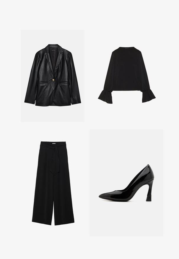 Blazer en cuir noir avec un revers cranté, fermeture à un bouton doré, deux poches avant et finition lisse. Doublure intérieure de couleur sombre.; Top noir à manches longues avec des poignets évasés, texture douce et coupe décontractée, doté d'un col rond simple.; Pantalons larges noirs en tissu texturé, avec une taille élastique et une ceinture à nouer amovible à la taille pour un ajustement variable.; Escarpin en cuir verni noir à talon haut, avec un bout pointu et un talon bloc, présentant un accent logo. Texture de surface lisse et brillante.
