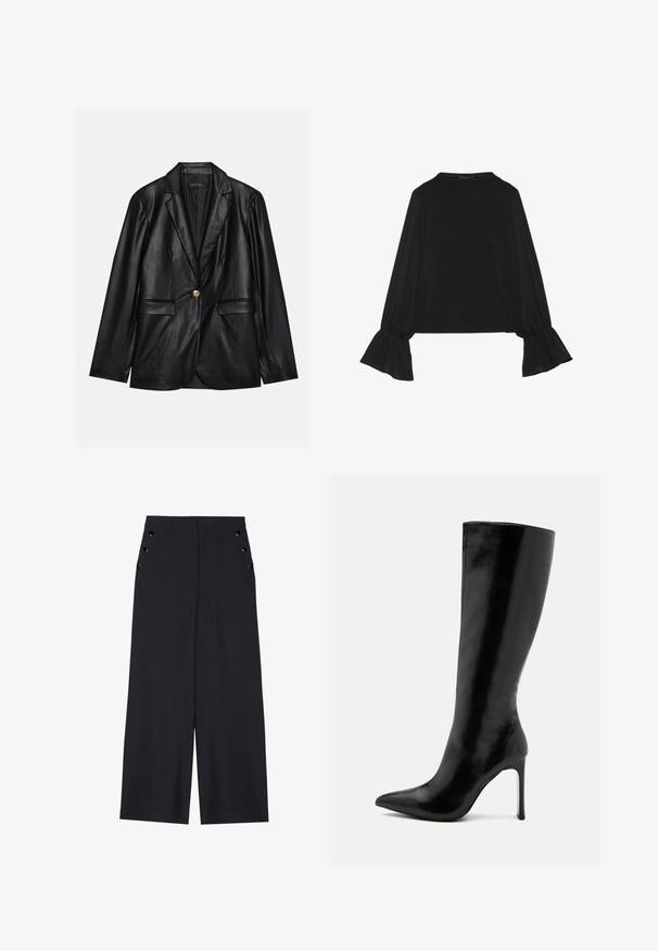 Must musta blazeri, millel on narmastega krae, üks kuldne nupulukk, kaks esist pockets ja sile viimistlus. Sisemine vooder on tume.; Mustsärgid musta tooniga, pika varrukaga, flöödid käised, pehme tekstuur ja vabalt langev lõige, lihtsa ümaraga kaelusega.; Laiad püksid tumesinises kangas, millel on sile tekstuur, ees pleedid ja dekoratiivsed kuldset värvi järgipuuaugud küljetaskutel.; Mustad põlvekõrgune saabas, mis on valmistatud läikivast nahast, terava varba ja peene kõrge kontsaga. Sile tekstuur ja minimalistlik disain.