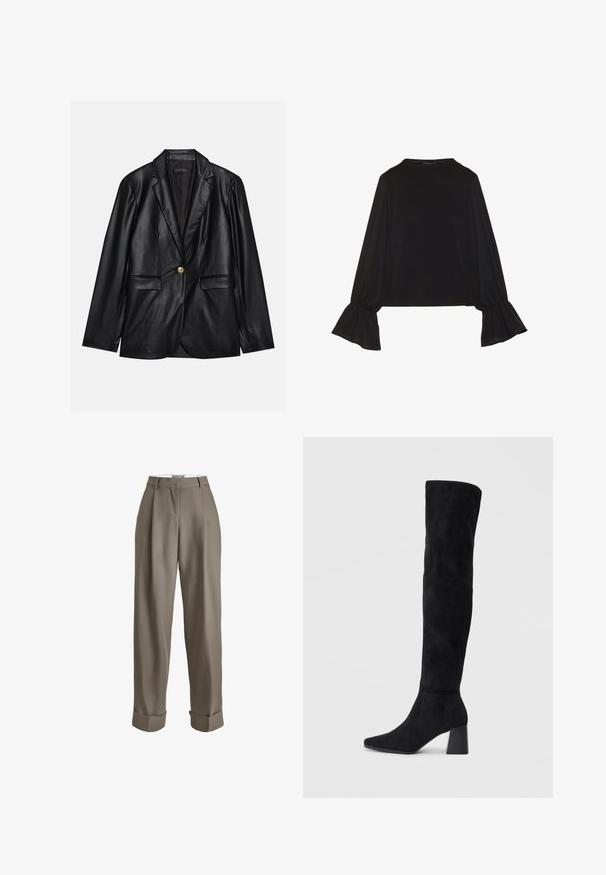 Blazer em couro preto com lapela recortada, fecho de um único botão dourado, dois bolsos frontais e acabamento suave. O forro interior é escuro.; Top preto de mangas longas com punhos largos, textura suave e um corte descontraído, com um simples decote redondo.; Calças taupe de cintura alta, com ajuste largo, apresentando pregas, bainhas dobradas e uma textura de tecido suave. Sem fechos visíveis.; Bota de camurça preta até ao joelho com salto bloco, bico fino e design suave e sem costuras sobre um fundo claro.