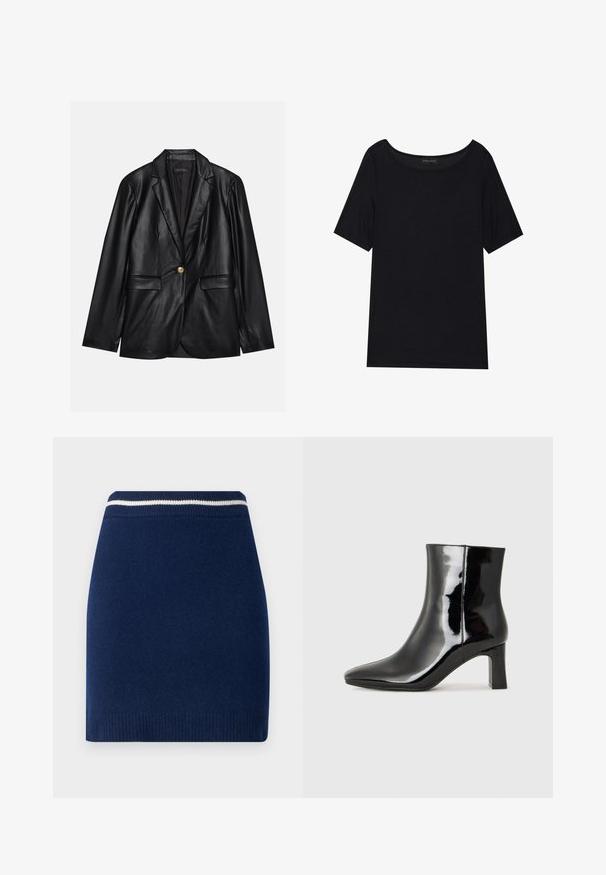 Čierny kožený blejzer s vykrojeným reverzom, jedným zlatým gombíkom, dvomi prednými vreckami a hladkým povrchom. Vnútorné podšívka je tmavá.; Čierne tričko s krátkym rukávom a širokým výstrihom. Vyrobené z mäkkého, ľahkého materiálu. Jednoduchý dizajn bez vzorov alebo akcentov.; Námornícky pletená sukňa so priliehavým strihom, s rebrovaným pásom s kontrastným bielym pruhom. Hladká textúra, dĺžka nad kolená.; Čierne lakované členkové topánky s špicatou špičkou a stredne vysokým blokovým podpätkom. Hladká textúra a minimalistický dizajn.