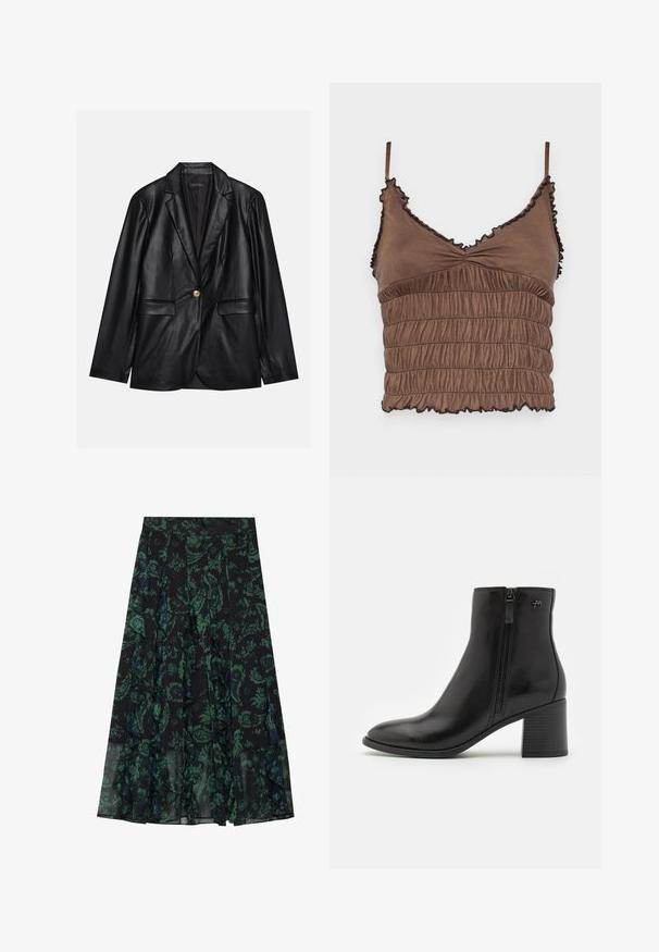 Must musta blazeri, millel on narmastega krae, üks kuldne nupulukk, kaks esist pockets ja sile viimistlus. Sisemine vooder on tume.; Pruun lühike topp, mis on valmistatud pehmest kangast, sisaldab shirred-disaini, reguleeritavaid rihmasid ja mustade aktsentidega volangääriseid.; Must have mustriga mustroomi lilla roheline lilleline muster, millel on frillied servad ja voldid. Valmistatud kergetest kangast, pakkudes voogavat siluetti.; Mustad mustad saapad, valmistatud siledast nahast, külgmise tõmblukuga. Omab teravat nina ja tekstuuriga plokkninat stabiilsuse tagamiseks.