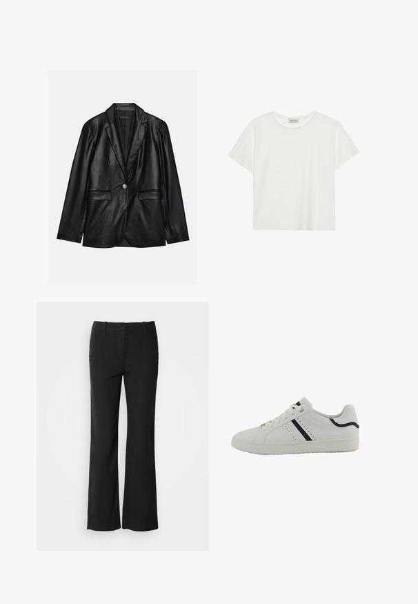 Fekete bőr blézer, kihajtott gallérral, egyetlen arany gombbal záródik, két elülső zsebbel rendelkezik, és sima felülettel bír. Belső bélése sötét színű.; Fehér, rövid ujjú póló, puha pamutból készült. Kerek nyakkivágással és laza szabással rendelkezik. Tiszta dizájn, látható minták vagy díszítések nélkül.; Fekete pamut keverék nadrág egyenes szárú dizájnnal, elülső gombos záródással és két oldalsó zsebbel. Simára kialakított textúra, nincs látható minta.; Fehér szintetikus sneaker, alacsony profillal, tengerészkék átlós csíkokkal, oldalt perforációkkal és textúrázott gumitalppal.