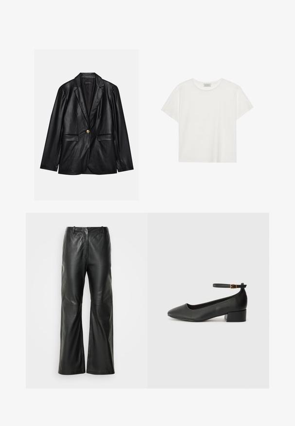 Μαύρη δερμάτινη σακάκι με καμπυλωτό πέτο, μονή χρυσή κουμπότρυπα, δύο μπροστινές τσέπες και λείο φινίρισμα. Η εσωτερική επένδυση είναι σκούρα.; Λευκό κοντομάνικο T-shirt από μαλακό βαμβάκι. Διαθέτει στρογγυλή λαιμόκοψη και χαλαρή εφαρμογή. Καθαρός σχεδιασμός χωρίς ορατά σχέδια ή λεπτομέρειες.; Μαύρο δερμάτινο παντελόνι φάρδιας γραμμής με λεία υφή, διαθέτοντας μέση μέσης ύψους και ελάχιστη ραφή μπροστά.; Μαύρο δερμάτινο τακούνι με μυτερή μύτη και χαμηλό τετράγωνο τακούνι. Διαθέτει λουράκι στον αστράγαλο με χρυσό τόνο πόρπη. Λείο υφή.