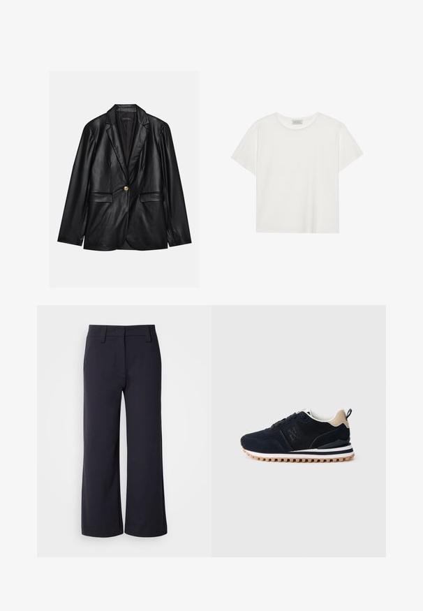 Svart skinnblazer med klaffkrage, en enkelt gullknapp-lukking, to frontlommer og glatt finish. Innertrekket er mørkt.; Hvit T-skjorte med kort erm laget av myk bomull. Har rund hals og avslappet passform. Rent design uten synlige mønstre eller aksenter.; Vide benbukser i mørk navy-stof. Har flad front, bæltesløjfer og sidelommer. Materialet er glat med en let stræk.; Marineblå treningstøve med overdel i mesh og semsket skinn, beige detaljer, hvit mellomsåle og teksturert gummisåle med mønstret slitebane.