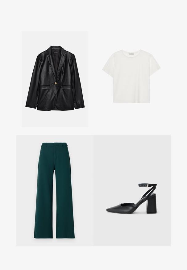 Must musta blazeri, millel on narmastega krae, üks kuldne nupulukk, kaks esist pockets ja sile viimistlus. Sisemine vooder on tume.; Valge lühikeste varrukatega t-särk, mis on valmistatud pehmest puuvillast. Omab ümmargust kaelust ja mugavat lõiget. Puhtad jooned, ilma nähtavate mustrite või aktsentideta.; Laiad jalgpüksid tumerohelisest kangast. Omavad kõrget vööd, eesplekke ja vöörihmade jaoks silmi. Sile tekstuur ja kohandatud disain.; Mustmustest must-käigukingad, millel on konksuga nöör ja paks konts. Ühtlane tekstuur, stiilne disain ja minimalistlik esteetika.