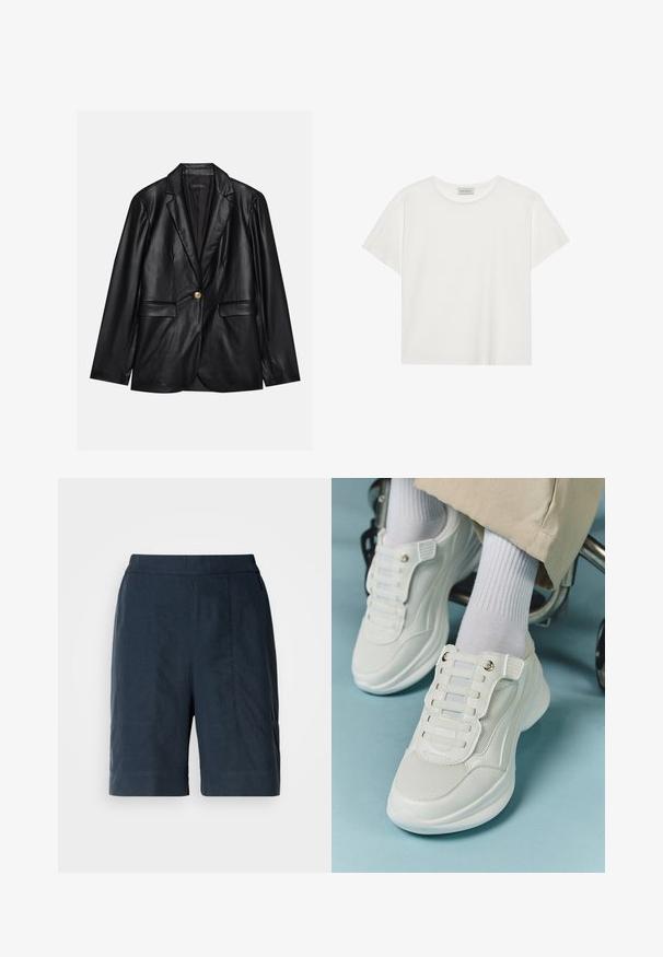 Zwarte leren blazer met een opstaande revers, sluiting met één gouden knoop, twee voorzakken en een gladde afwerking. Binnenvoering is donker.; Witte T-shirt met korte mouwen, gemaakt van zachte katoen. Heeft een ronde halslijn en een relaxte pasvorm. Schoon ontwerp zonder zichtbare patronen of accenten.; Marineblauwe shorts van lichtgewicht stof, met een rechte snit, twee voorzakken en subtiele stiksels.; Witte sneakers met een mesh materiaal, rubberen zool, vetersloze uitvoering met elastische banden en gouden accenten.