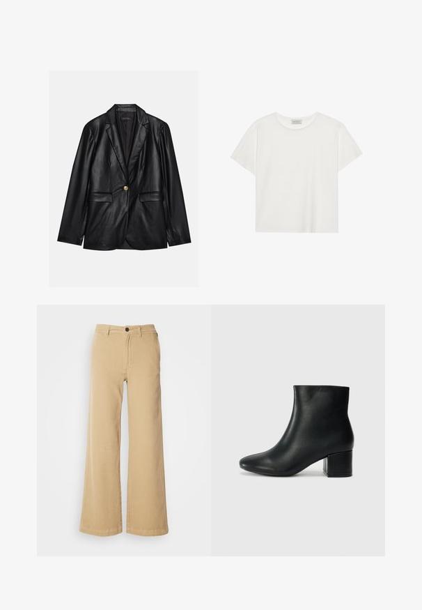 Blazer em couro preto com lapela recortada, fecho de um único botão dourado, dois bolsos frontais e acabamento suave. O forro interior é escuro.; T-shirt branca de manga curta feita de algodão macio. Apresenta um decote redondo e um corte descontraído. Design limpo sem padrões ou detalhes visíveis.; Calças largas beje feitas de uma mistura de algodão, com fecho frontal de botão, passantes para cinto e costuras detalhadas ao longo das costuras.; Botas de tornozelo em pele preta com bico pontiagudo e um salto robusto. Textura suave com acentos mínimos e um design ajustado e elegante.