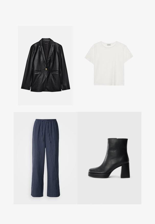 Sacou din piele neagră cu rever ascuțit, închidere cu un singur nasture auriu, două buzunare frontale și finisaj neted. Captuseala interioară este de culoare închisă.; Tricou alb cu mânecă scurtă, made din bumbac moale. Are un guler rotund și o croială lejeră. Design curat, fără modele sau accente vizibile.; Pantaloni din in de culoare albastru marin, cu talie elastică, închidere cu șnur, croială largă și finisaj texturat.; Botină din piele neagră, cu toc pătrat și talpă platformă, văzută din lateral pe un fundal alb simplu.