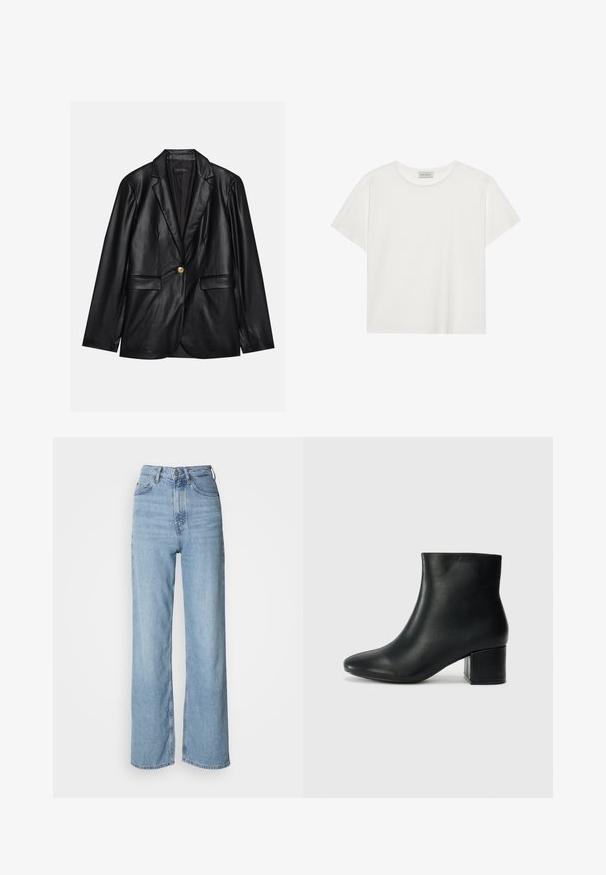 Must musta blazeri, millel on narmastega krae, üks kuldne nupulukk, kaks esist pockets ja sile viimistlus. Sisemine vooder on tume.; Valge lühikeste varrukatega t-särk, mis on valmistatud pehmest puuvillast. Omab ümmargust kaelust ja mugavat lõiget. Puhtad jooned, ilma nähtavate mustrite või aktsentideta.; Heledad sinise värvi kõrge vöökoht, sirge säärega teksad, valmistatud denimist, esipoolne nööpkinni ja kerged pleekimise detailid.; Mustad nahast pahkluu saapad terava varbaga ja jämeda kandaga. Sile tekstuur minimaalse aktsentidega ja stiilne, lihvitud disain.