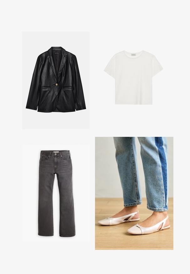 Sacou din piele neagră cu rever ascuțit, închidere cu un singur nasture auriu, două buzunare frontale și finisaj neted. Captuseala interioară este de culoare închisă.; Tricou alb cu mânecă scurtă, made din bumbac moale. Are un guler rotund și o croială lejeră. Design curat, fără modele sau accente vizibile.; Jeans din denim gri, cu croială dreaptă, design cu cinci buzunare și accesorii din metal. Textură netedă, cu decolorare subtilă pe față.; Sandalete plate de un roz pal cu vârf ascuțit, realizate dintr-un material asemănător pielii, neted. Prezintă detalii decupate pe laterale și un toc plat.
