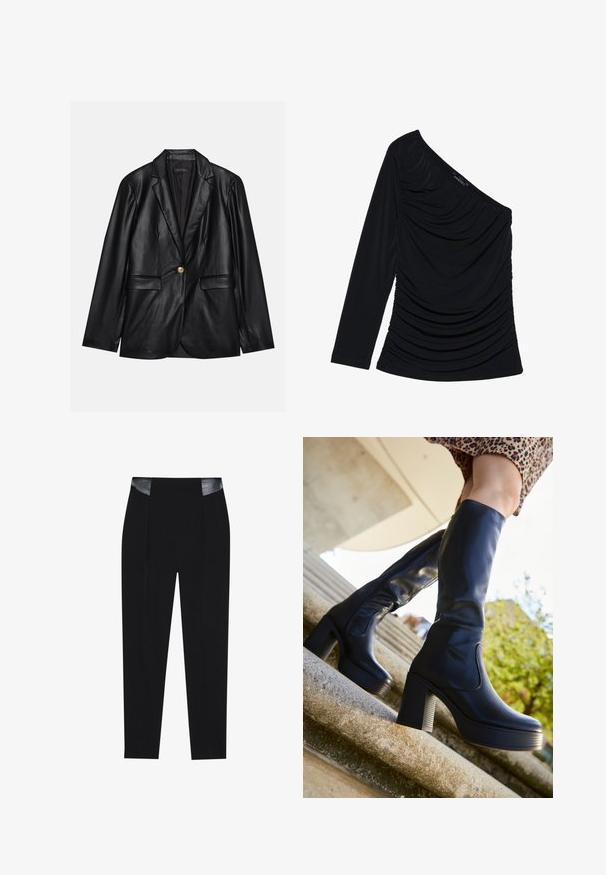 Must musta blazeri, millel on narmastega krae, üks kuldne nupulukk, kaks esist pockets ja sile viimistlus. Sisemine vooder on tume.; Musträd kodudega must pikkade varrukatega peep-ülikond, millel on ühte õlavarre disain, esiosal tekstureeritud rüütamine ja sile kangas.; Kohandatud mustad püksid, millel on peen disain, voldid ees ja läikivad mustad nahkaksessuaarid vööl. Sile kangastekstuuri.; mtng NEW - Platvormsaapad - black