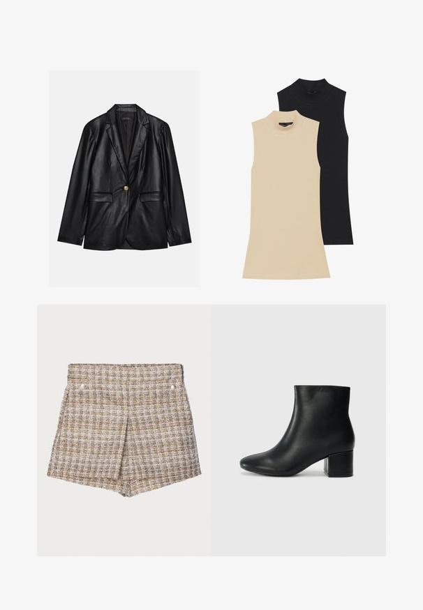 Melnas ādas žakete ar ieliektām atlokām, vienu zelta pogu aizdari, divām priekšējām kabatām un gludu apdari. Iekšējā odere ir tumša.; Divi bezpiedurkļu riboti turtlenuki: viens bēšs, otrs melns. Abi ir ar pieguļošu dizainu un augstu apkakli, kā arī redzamām šuvju detaļām.; Brūni rūtoti austie šorti ar strukturētu dizainu un teksturētu virsmu, ar diviem sudraba spiedpogām priekšā.; Melna ādas potīšu zābaki ar smailu purngalu un masīlu papēdi. Gluda tekstūra ar minimāliem akcentiem un gludu, pieguļošu dizainu.